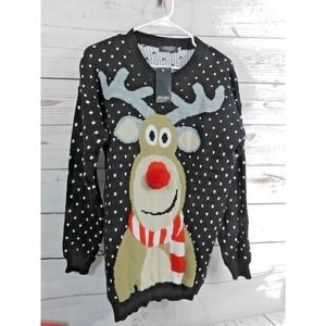 Remel London Black Christmas Rudolph Sweater Size Large Red Pom Pom Nose "Ugly"